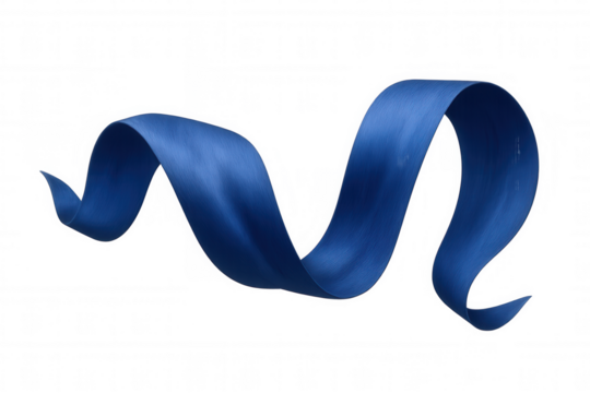 Blue ribbon strip unfurling, flowing and curling in an elegant abstract wave, isolated on a transparent background