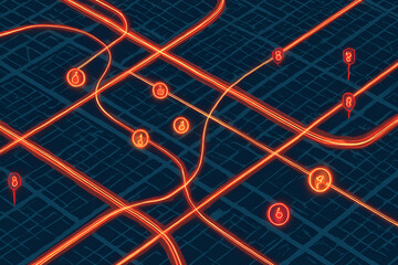 Futuristic City Data Map with Glowing Orange Navigation Highways
