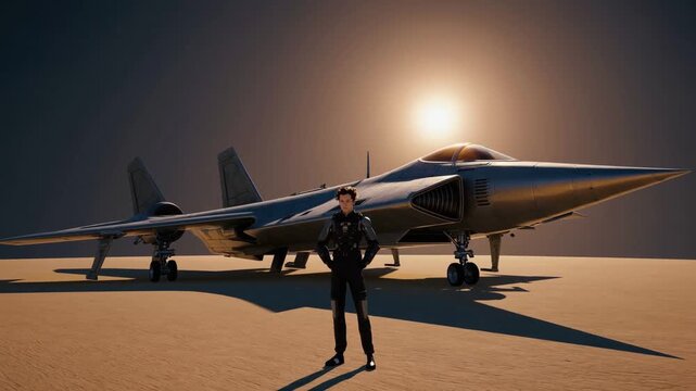 Pilote futuriste posant devant un avion de chasse sous le soleil