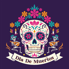 Dia de Muertos Mexican festival background with colorful skulls, skeletons, marigolds, and decorative frame design for greeting cards, invitations, posters, and banners.
