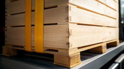 Wooden crates secured with straps for transport, showcasing craftsmanship and logistics in shipping and delivery. Focus on detail, packaging, and safety.