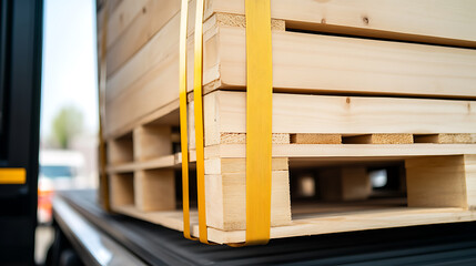 Wooden crate secured with yellow straps on vehicle, ready for transport. Focus on material and texture, illustrating supply chain management.