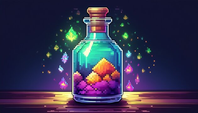 retro pixel healing elixir a vibrant ancient style bottled concoction symbolizing renewed vitality or mystical power for a digital adventure