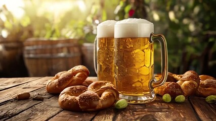 Beer mugs, pretzels, German biergarten fest., evoking a festive atmosphere, Oktoberfest concept - pretzels and beer on rustic wood background, created with generative ai