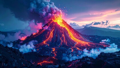 A majestic mountain violently erupts, spewing lava and smoke into a dramatic, colorful sunset sky. Molten rivers flow down the slopes