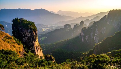 A majestic mountain vista during golden hour. Soft sunlight filters through ranges, illuminating layers of peaks and valleys. Lush greenery and rocky outcrops