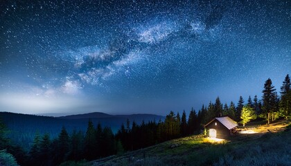 panoramic view of a dark forest under a starry night sky with a cabin illuminated