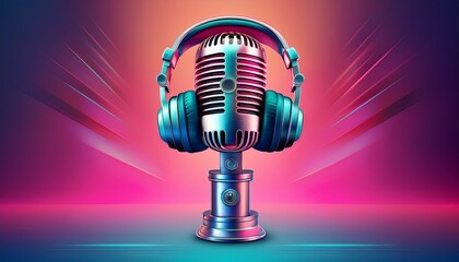 a vintage microphone with headphones on top of it in front of a pink and blue gradient background