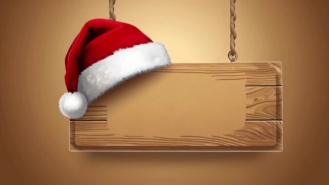 A red Santa Claus hat on a wooden sign or plaque with a blank space for text, wooden signboard with a santa hat, vector Merry Christmas card, banner design template, created with generative ai