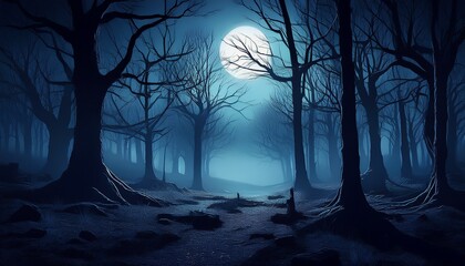 moonlight casts eerie shadows in a dark leafless forest at night