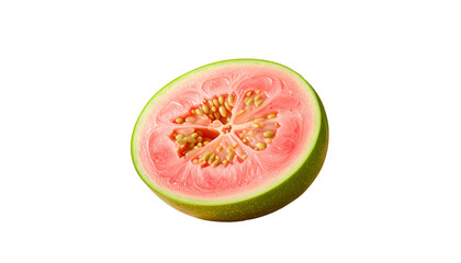 Half guava, pink flesh, green rind, isolated on black