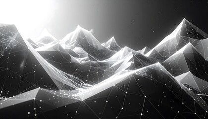 A low-poly mountainous landscape, rendered in grayscale, with a bright light source and connecting points