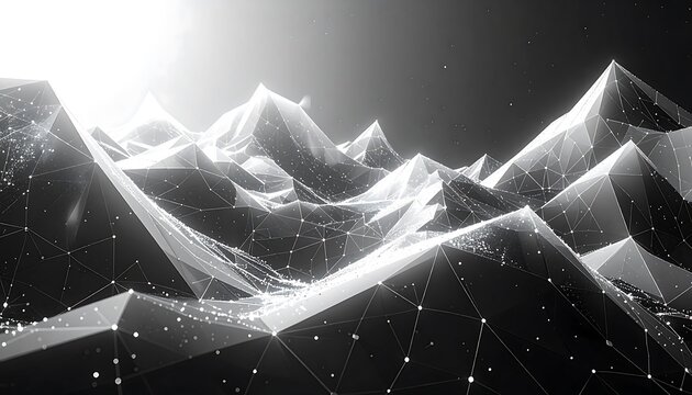A low-poly mountainous landscape, rendered in grayscale, with a bright light source and connecting points - Powered by Adobe