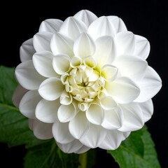 Fototapeta premium A close-up shot of a pristine, white flower with numerous delicate petals, centered against a black background, showing vibrant green leaves