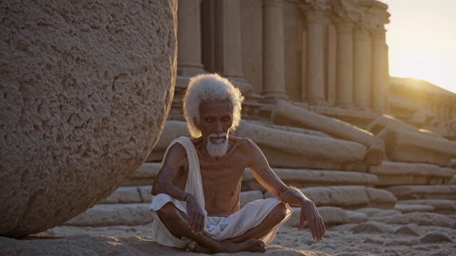 Vieil homme m&eacute;ditant dans des ruines au lever du soleil