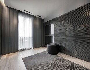 sleek grey wall panels with a black side table in a minimalist interior design showcase