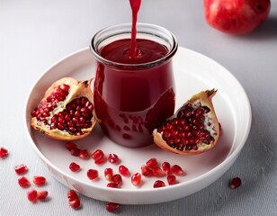 pomegranate juice and fruit pomegranate juice poured to white plate