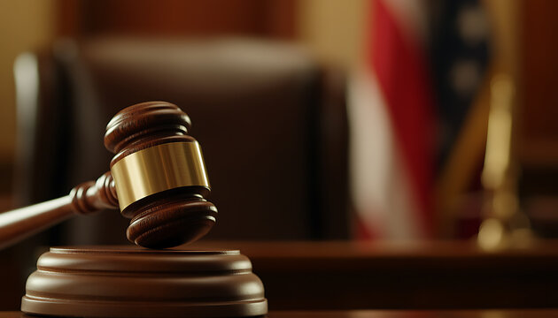 Gavel on sounding block in courtroom setting, evoking law, justice, and legal proceedings. The image represents judicial power and fairness.