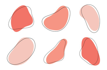 Organic shapes in red shades with stroke lines. Set of abstract vector elements, isolated on white. Hand-drawn illustration. Templates for design of social media posts, covers, posters, backgrounds