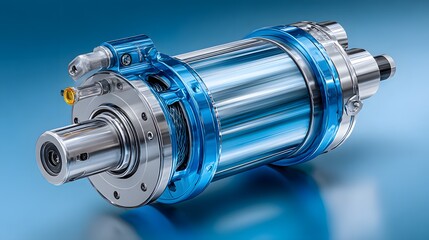 Obraz premium Sleek studio shot of a modern electric motor with a polished chrome and vibrant blue casing, shown against a clean, gradient blue background.