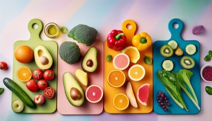 fresh fruits and vegetables on colorful cutting boards