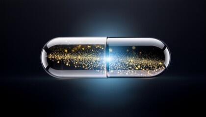 transparent capsule with glowing particles inside floating on dark background clinical trial ai technology innovation