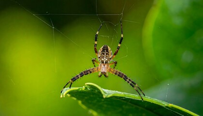 A close-up shot of a spider with yellow and black legs and body, in its web against blurry green leaves
