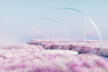Abstract winter landscape scene with a podium for product display. 3d rendering