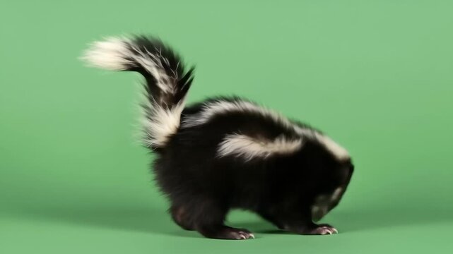 Captivating Close-Up of a Charming Skunk Walking Sequence Against a Light Green Backdrop