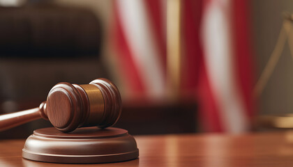 Obraz premium Law and Order: Gavel resting on wooden surface with flag in the background, symbolizing justice and the legal system. Courtroom setting