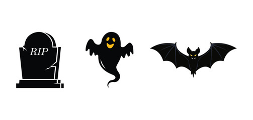 Tombstone, ghost and bat isolated on white background