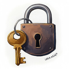 Intricate Impasto Lock and Key Sticker Design on White Background, High Detail.