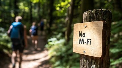 Hikers disconnect and embrace nature, as they pass a "No Wi-Fi" sign in the peaceful forest, promoting outdoor adventure and mindful escapes from technology.