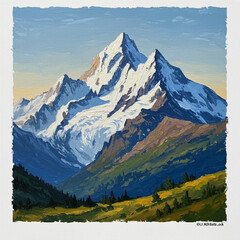 Majestic Mountain Range Impasto Oil Painting Sticker Design Isolated on White.