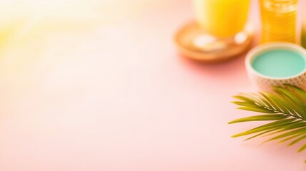 A vibrant setting with tropical drinks, decorative items, and a palm leaf under warm sunlight creates a cheerful atmosphere.