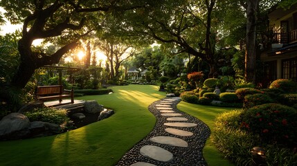 Fototapeta premium Meticulously landscaped garden path of stepping stones and pebbles meanders through a vibrant green lawn at sunrise, with sunlight filtering in.