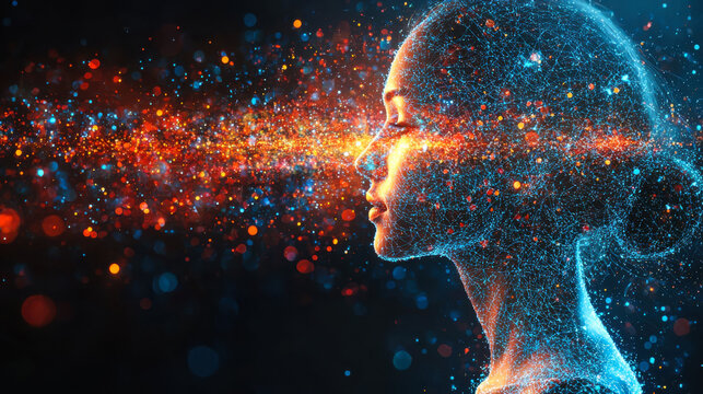 Digital art representation of a human-like figure enhanced by glowing data patterns and vibrant colors