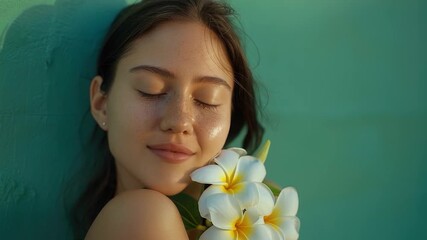 A woman holds a flower with her eyes closed, perfect for inspirational or nature-themed concepts