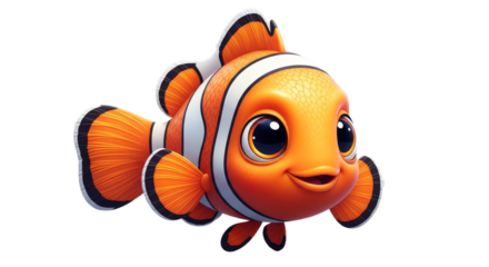 Cute Orange Clownfish Cartoon Character Swimming on White