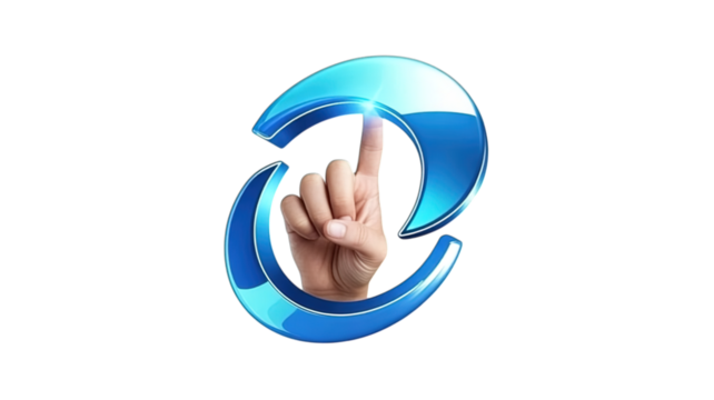 Hand reaching out to touch glowing blue abstract shape, representing innovation, technology, and a futuristic connection, perfect for modern branding and digital concepts.