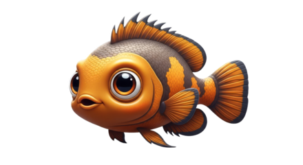 Cute Orange Cartoon Fish with Big Eyes on Transparent Background
