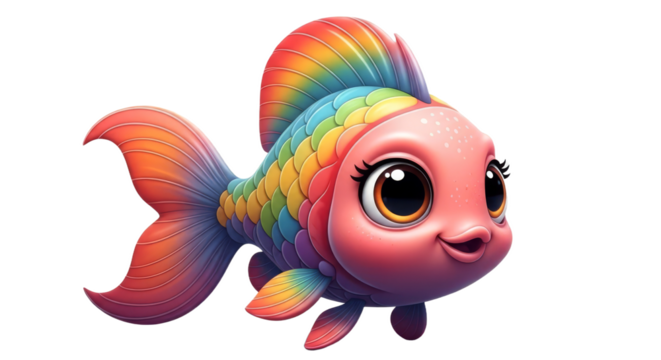 Cartoon Fish with Rainbow Fins, Pink Body, and Big Eyes