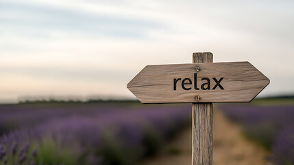 A weathered wooden sign points the way to relaxation amidst a serene field of lavender.  A tranquil scene promoting peace and calmness.