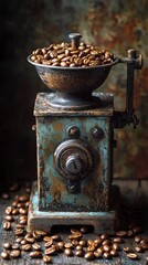 Fototapeta premium Rustic, antique coffee grinder with beans overflow, standing on wood