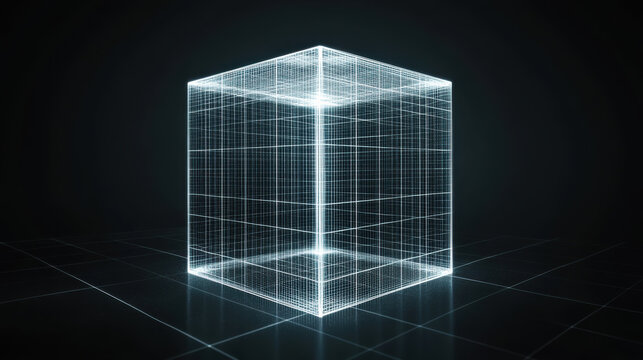 3D wireframe cube illuminated in a dark environment with glowing edges and grid patterns