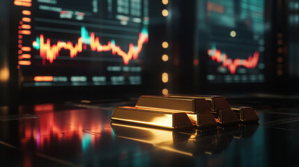 Gold bars displayed in front of digital stock market charts highlighting trading activity and financial trends