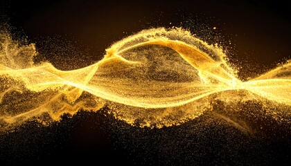 A luminous, abstract swirl of gold particles dances against a black backdrop. The flowing form suggests energy, motion, and elegance