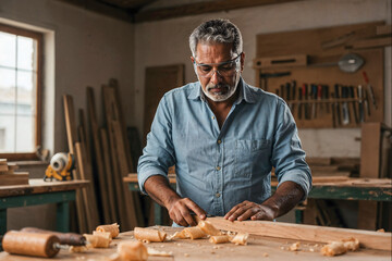 Professional mature Indian carpenter shaping wood and creating furniture in workshop