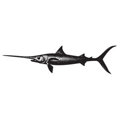 Vintage Engraved Swordfish Illustration &ndash; Detailed Black and White Sea Animal Drawing
