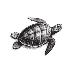 Vintage Engraved Turtle Illustration &ndash; Detailed Black and White Sea Animal Drawing
